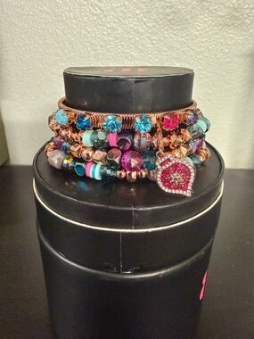 Heart Charm Multicolor Beaded Stack Bracelet Set - Rose Gold Accents